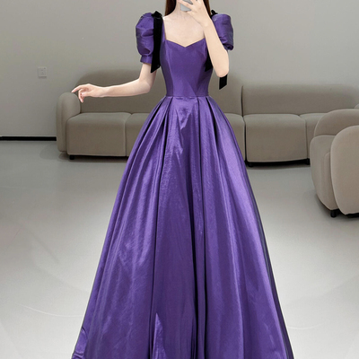 Purple satin short sleeve evening party dress - Thumbnail 1