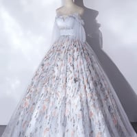 Gray Tulle and Floral Floor Length Formal Party Dress - Thumbnail 1