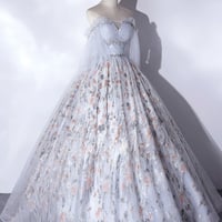 Gray Tulle and Floral Floor Length Formal Party Dress - Thumbnail 2