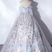 Gray Tulle and Floral Floor Length Formal Party Dress - Thumbnail 3
