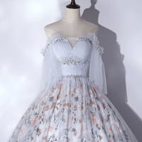 Gray Tulle and Floral Floor Length Formal Party Dress - Thumbnail 4