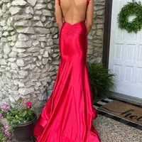 Red Straps Mermaid Satin Side Slit Long Prom Dress with Train - Thumbnail 1