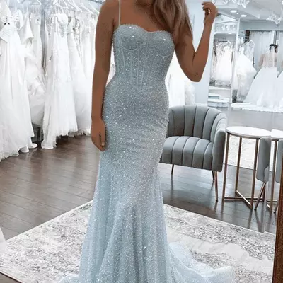 Glitter mermaid formal dress blue spaghetti straps long