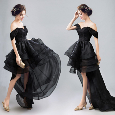 Black prom dresses off shoulder hi low - Thumbnail 1