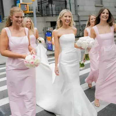 Long satin bridesmaid dress pink straps square neck sleeveless