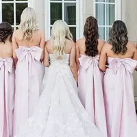 Strapless Pink Bridesmaid Dress Scoop Pleated Satin with Big Bow - Thumbnail 1