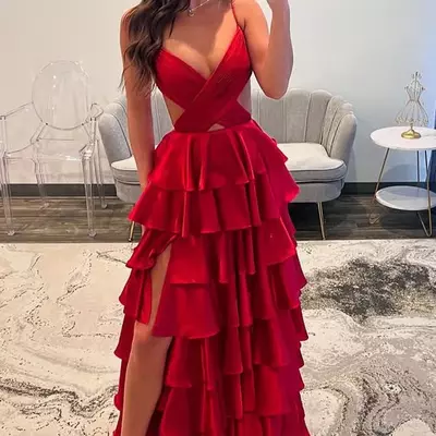 V-neck layered satin prom dress burgundy spaghetti straps slit