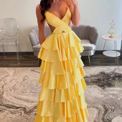 V-neck satin layered yellow formal dress spaghetti straps slit