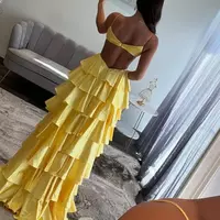 V-Neck Satin Layered Yellow Formal Dress Spaghetti Straps Slit - Thumbnail 1