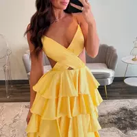 V-Neck Satin Layered Yellow Formal Dress Spaghetti Straps Slit - Thumbnail 2
