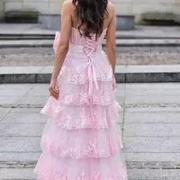 A-Line Strapless Tiered Pink Formal Dress Sequins Appliques with Bow - Thumbnail 2