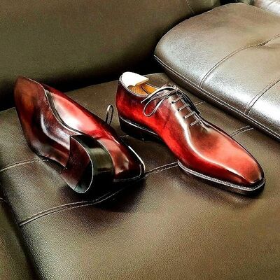 Handmade maroon leather lace up style bespoke edition formal shoes