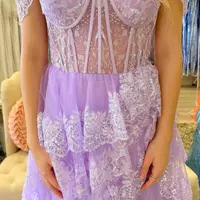 Ruffle Tiered Lilac Formal Dress Sequin Appliques Off-the-Shoulder - Thumbnail 1