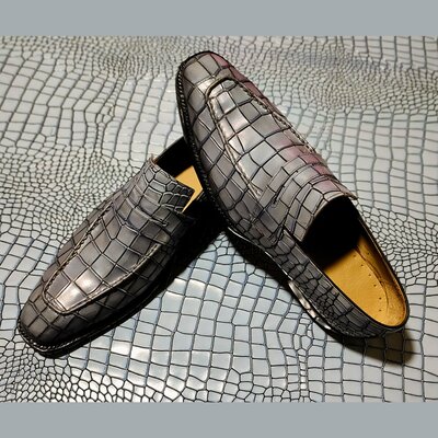 Crafted leather handmade classic gray crocodile/alligator leather dress shoes - Thumbnail 2