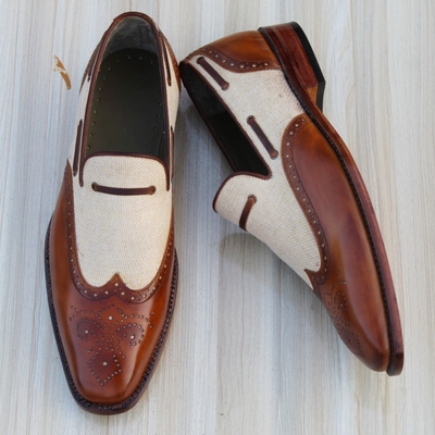 Crafted leather brown tweed leather wingtip moccasin loafers dress shoes - Thumbnail 3