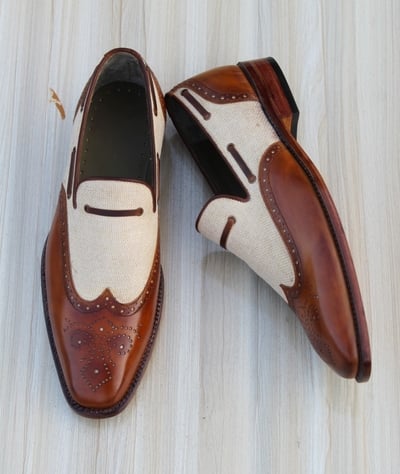 Crafted Leather Brown Tweed Leather Wingtip Moccasin Loafers Dress Shoes