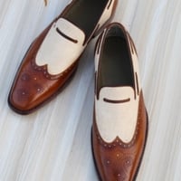 Crafted Leather Brown Tweed Leather Wingtip Moccasin Loafers Dress Shoes - Thumbnail 2