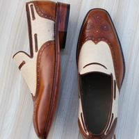 Crafted Leather Brown Tweed Leather Wingtip Moccasin Loafers Dress Shoes - Thumbnail 1