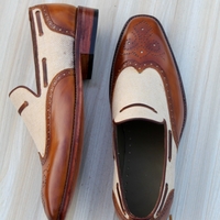 Crafted Leather Brown Tweed Leather Wingtip Moccasin Loafers Dress Shoes - Thumbnail 3