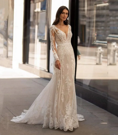 Exquisite Deep V-Neck Lace Bridal Gown