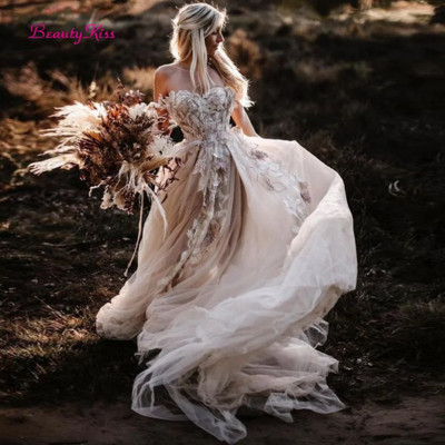 Floral Appliques Romantic Backless Sexy Tulle Boho Bridal Gown