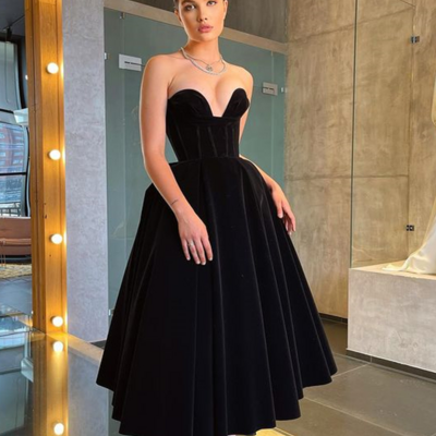 Sexy black tea-length velvet prom dresses - Thumbnail 1