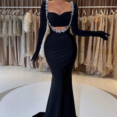 Charming mermaid black long sleeve beaded prom dresses - Thumbnail 2