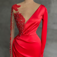 Round Neck Long Sleeves Mermaid Red Prom Dresses - Thumbnail 1
