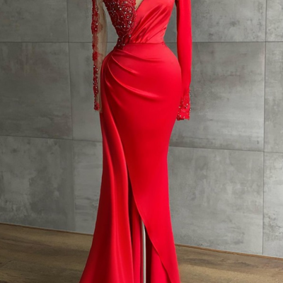 Round neck long sleeves mermaid red prom dresses - Thumbnail 1