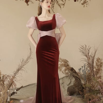 Mermaid velvet long prom party dress, burgundy evening dress - Thumbnail 2