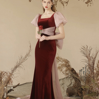 Mermaid Velvet Long Prom Party Dress, Burgundy Evening Dress - Thumbnail 2