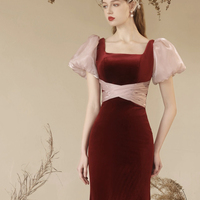 Mermaid Velvet Long Prom Party Dress, Burgundy Evening Dress - Thumbnail 3