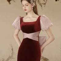 Mermaid Velvet Long Prom Party Dress, Burgundy Evening Dress - Thumbnail 4