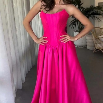 A-line hot pink strapless crew neck corset satin prom dress ,pd231267