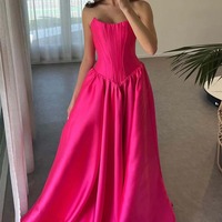 A-Line Hot Pink Strapless Crew Neck Corset Satin Prom Dress ,PD231267 - Thumbnail 2