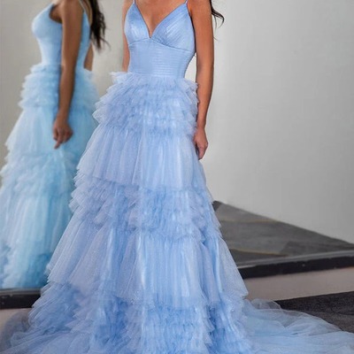 Sparkly tiered tulle light blue long prom dress party dress ,pd231268