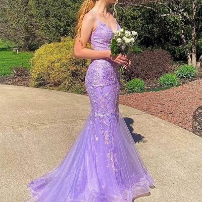 Spaghetti straps lace lavender long mermaid prom dress ,pd231269