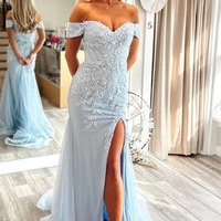 Off Shoulder Appliques Sweetheart Blue Mermaid Prom Dress ,PD231270 - Thumbnail 1