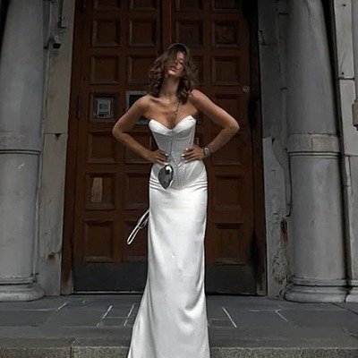 Sweetheart neck corset satin white long mermaid prom dress,pd231272