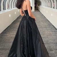 Black Sparkly Spaghetti Straps Long Prom Dress with Appliques,PD231273 - Thumbnail 1