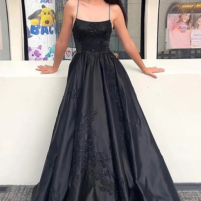 Black sparkly spaghetti straps long prom dress with appliques,pd231273