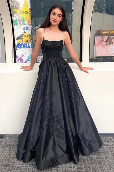 Black Sparkly Spaghetti Straps Long Prom Dress with Appliques,PD231273