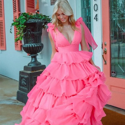 Princess a-line fuchsia v-neck prom dress party dress with slit ,pd231276