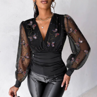 Butterfly Bead Embroidered V-Neck Long Sleeved Top - Thumbnail 1