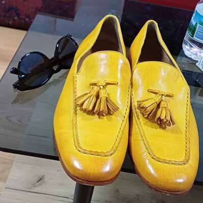 Handmade men's yellow base leather color formal wear designer moccasin shoes
