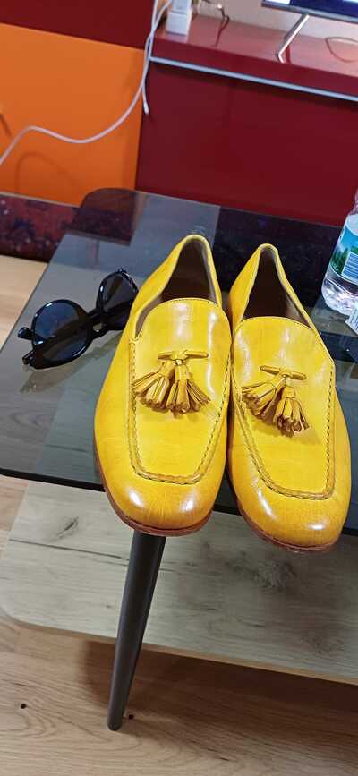 Handmade Men's Yellow Base Leather Color Formal Wear Designer Moccasin Shoes