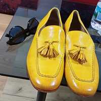Handmade Men's Yellow Base Leather Color Formal Wear Designer Moccasin Shoes - Thumbnail 1