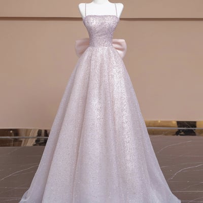 Pink tulle sequins long prom dress with bow - Thumbnail 1