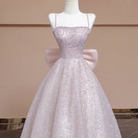 Pink Tulle Sequins Long Prom Dress with Bow - Thumbnail 1