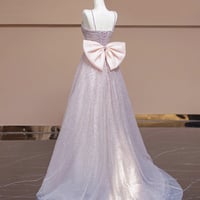 Pink Tulle Sequins Long Prom Dress with Bow - Thumbnail 3